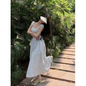 여름 소크라운 디자인 네크라인 반팔 원피스 신상 줄뽑기 한국판 미디엄 롱 스커트 