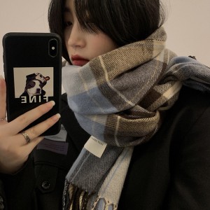 2022 신상 스카프 여자 가을겨울 한국판 백합 일본계 체크 카키색 보온 체크무늬 목도리남 두께 