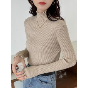 Sweet Laydown Knitted Shirt Thickened Half High Collar Underlay Sweaters with Foreigned Wood Ear Edges Women&#039;s Top